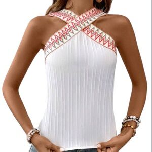 Chic Nation White and Pink Embellished Tank Top